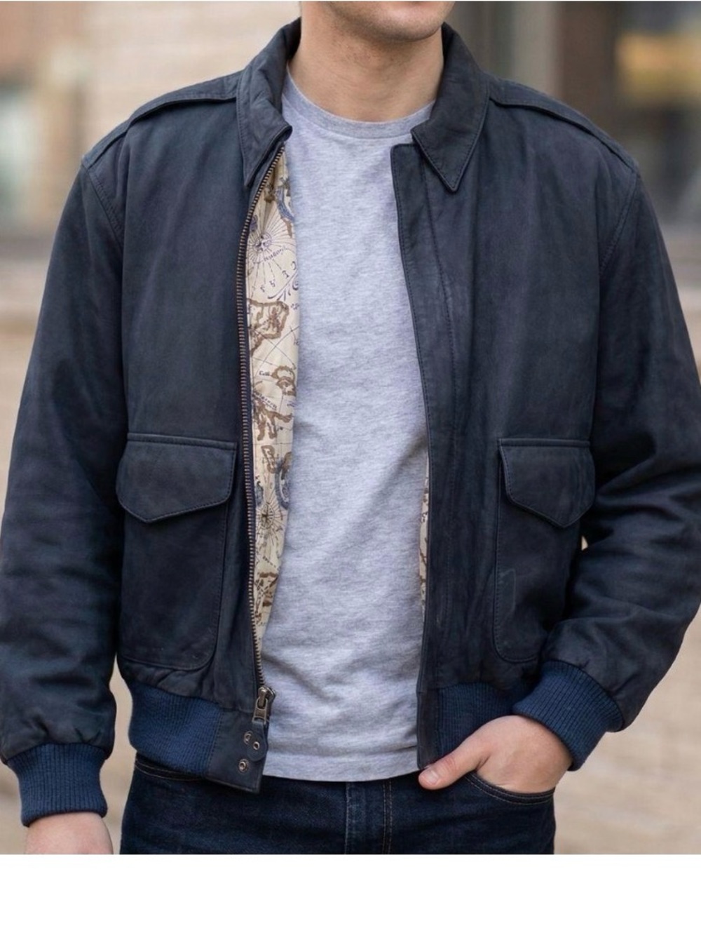 Men's Navy Leather Bomber Jacket